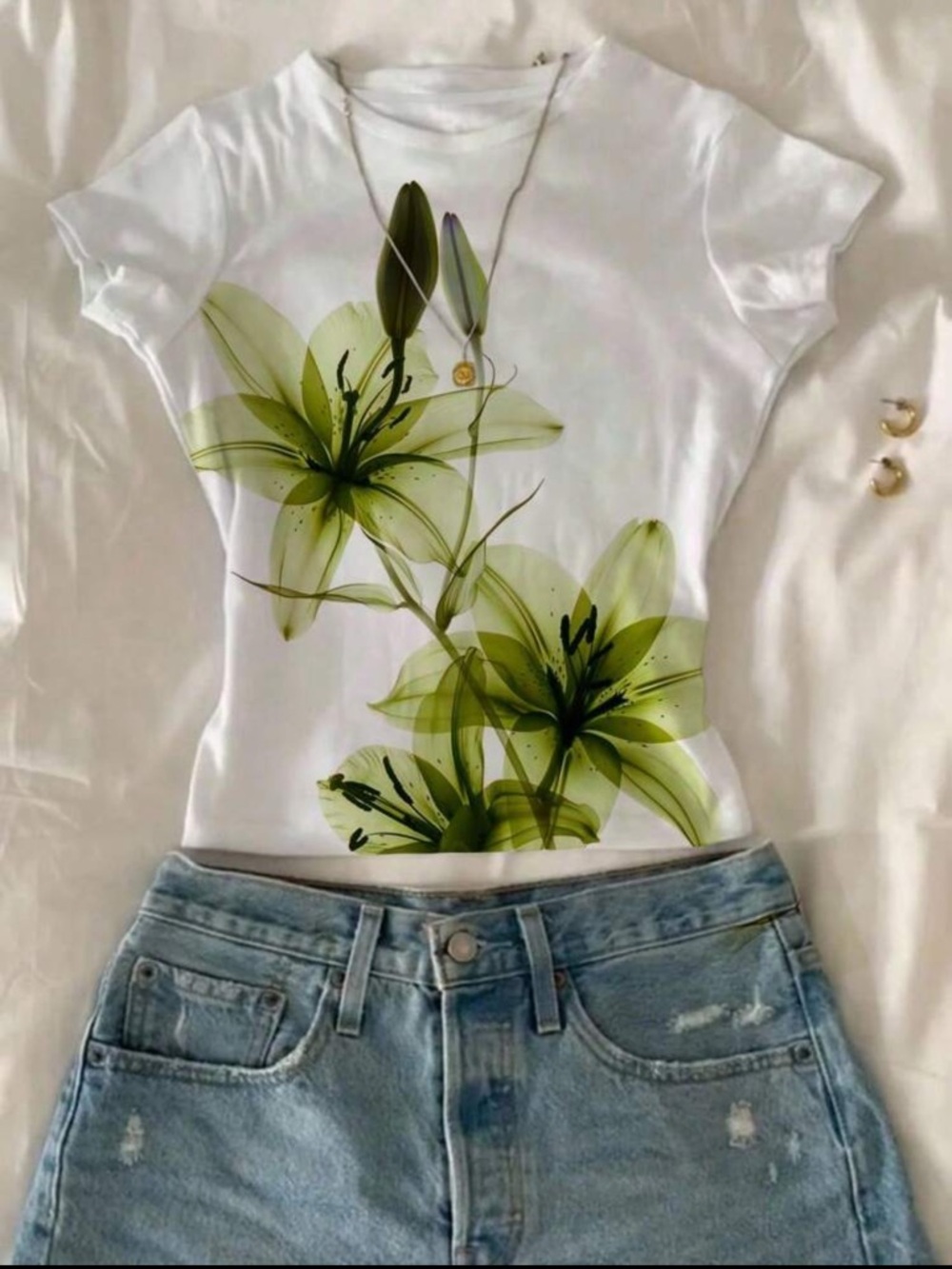 White Tee with Green Floral Print